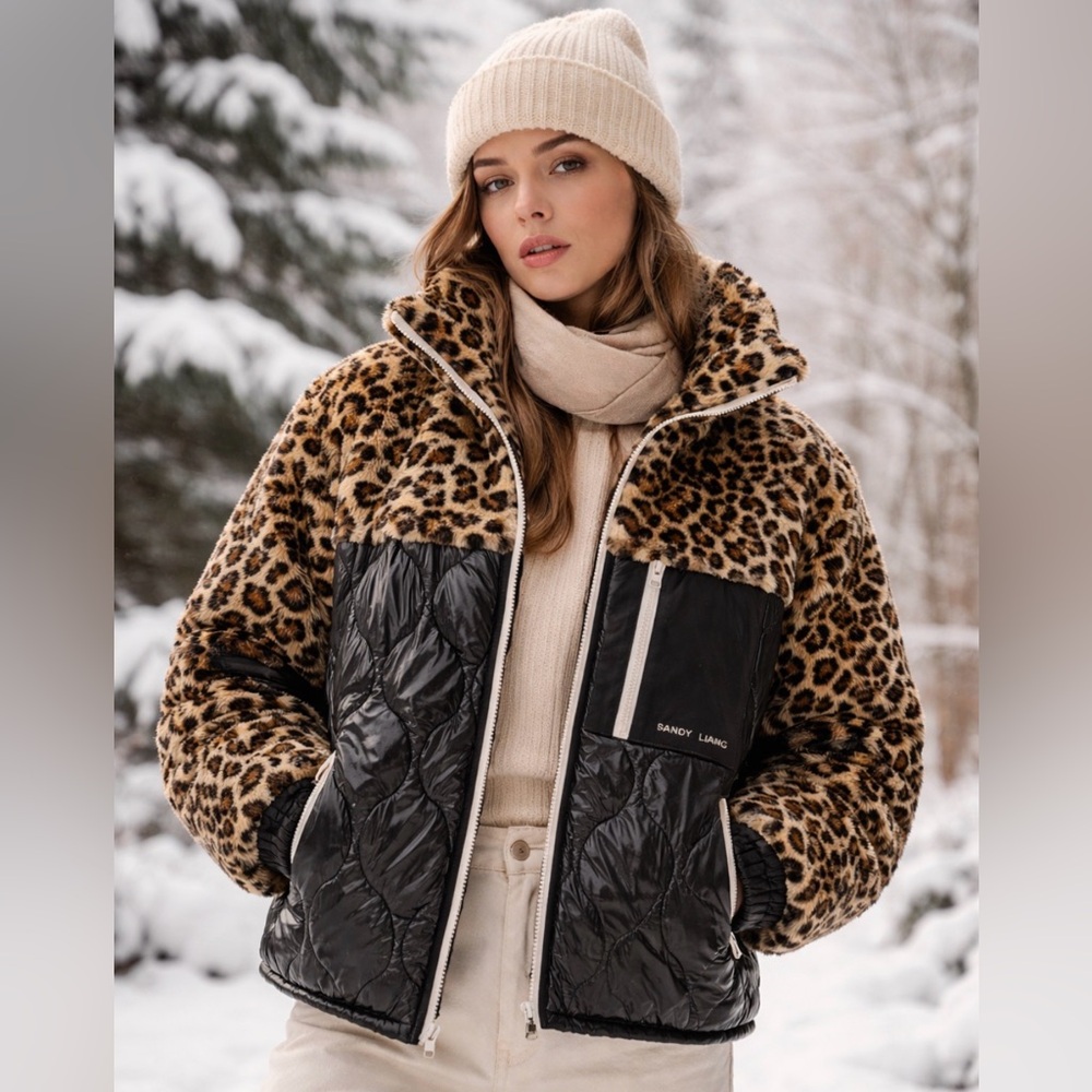 Sandy Liang Dean Leopard Print and Black Fleece Jacket S